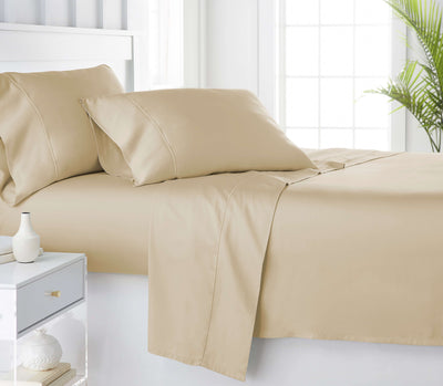 Sand organic bamboo bed sheets on the bed